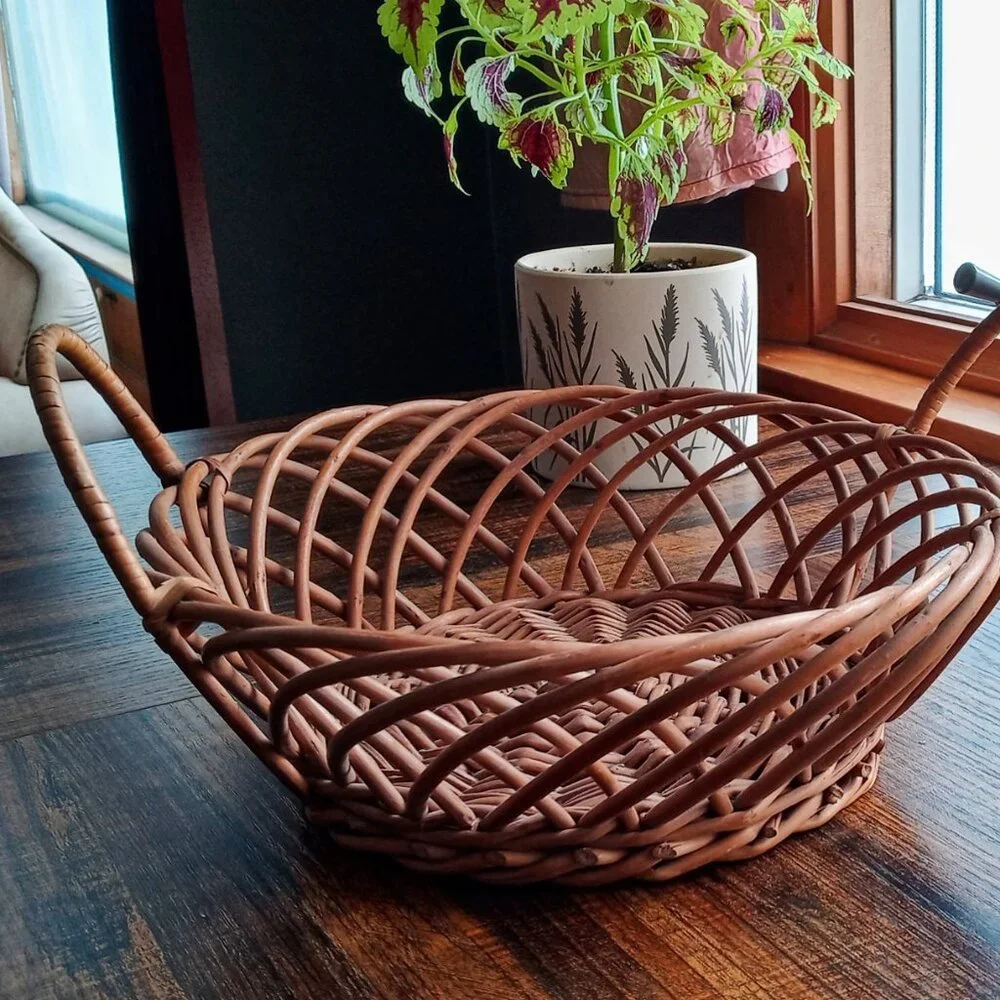 Vintage Boho Chic Wicker Rattan Bowl Basket Farmhouse Rustic Decor w/Handles